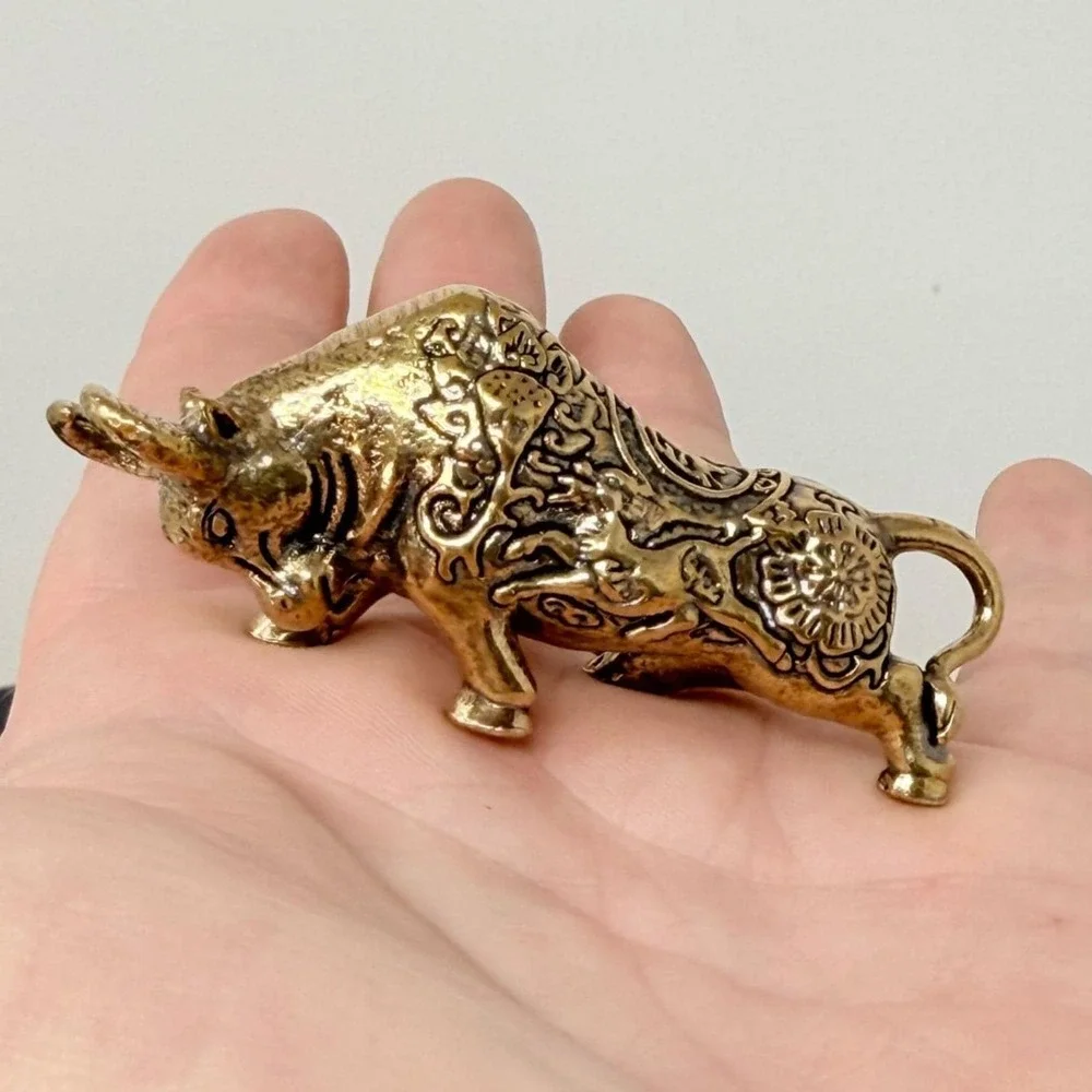 Brass Bull Figurine Miniature Strength Totem Altar Decor Spirit Animal 70s Style